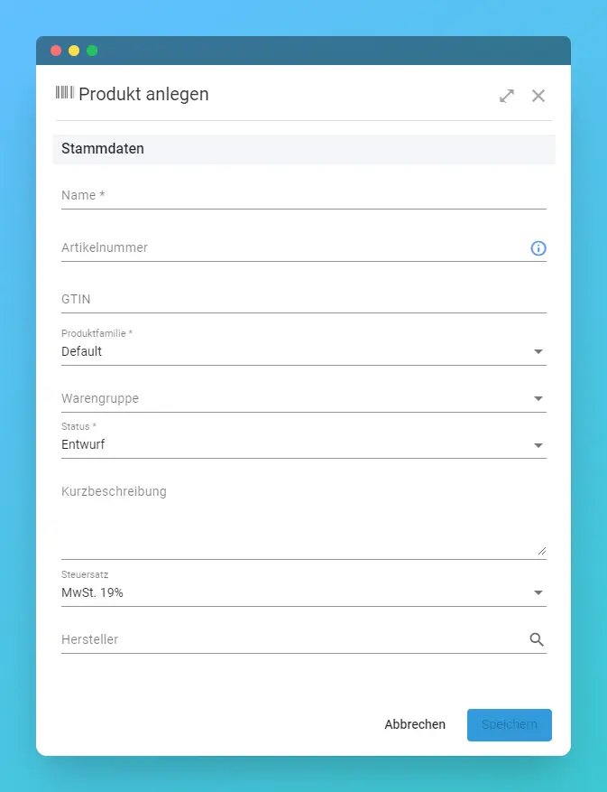 Formular zur Produktanlage mit den Feldern Name, Artikelnummer, GTIN, Produktfamilie, Warengruppe, Status, Steuersatz und Hersteller