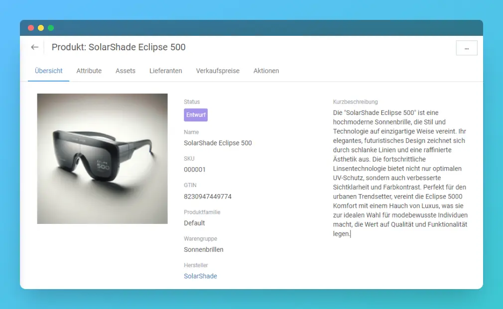 Produktdetailseite in Blowball mit den Tabs Übersicht, Attribute, Assets, Lieferanten und Verkaufspreise