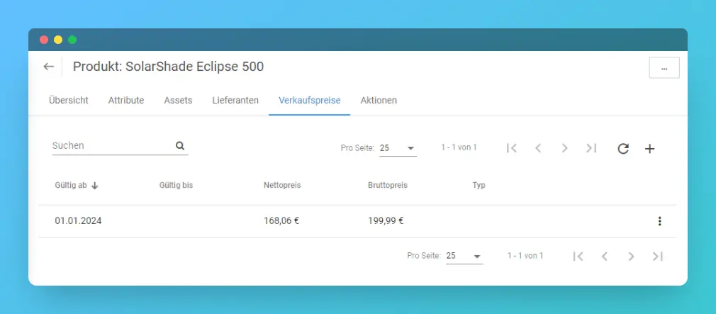 Tab Verkaufspreise mit Preisen und Gültigkeitszeiträumen