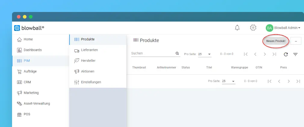 PIM-Bereich in Blowball mit dem Button „Neues Produkt“ oben rechts