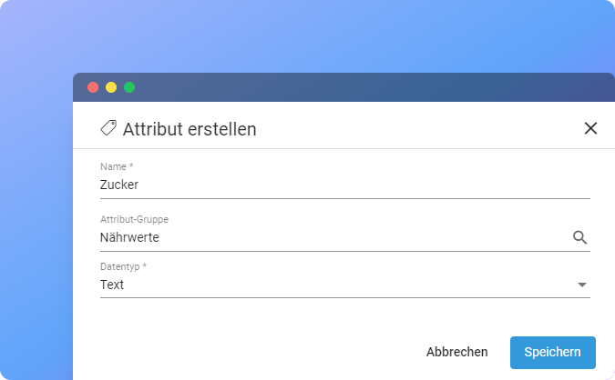 Formular zum Anlegen eines neuen Attributs mit Name, Datentyp und Attributgruppe