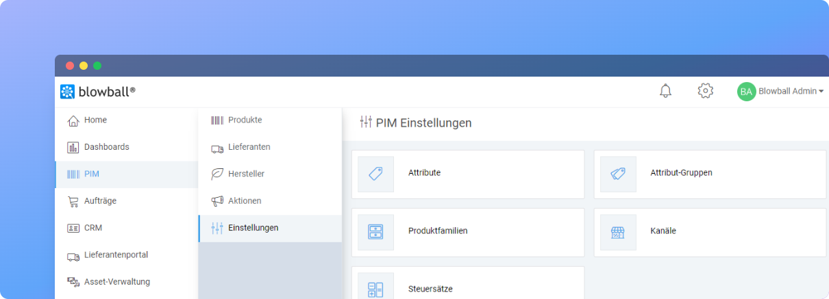 Attributübersicht in den PIM-Einstellungen von Blowball