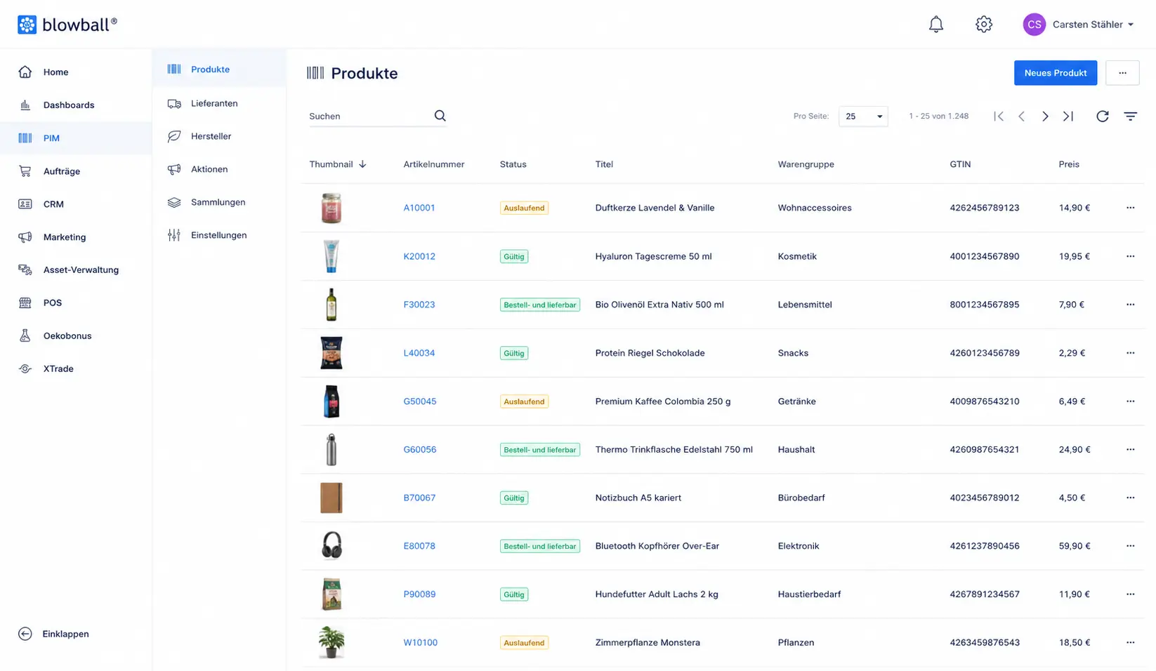 Produktverwaltung: Artikelliste mit Filtern, Attributen und verknüpften Assets
